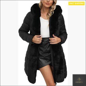 Faux Leather Puffer Jacket Water-Resistant Quilted Bubble Coat Fur Hood Belt